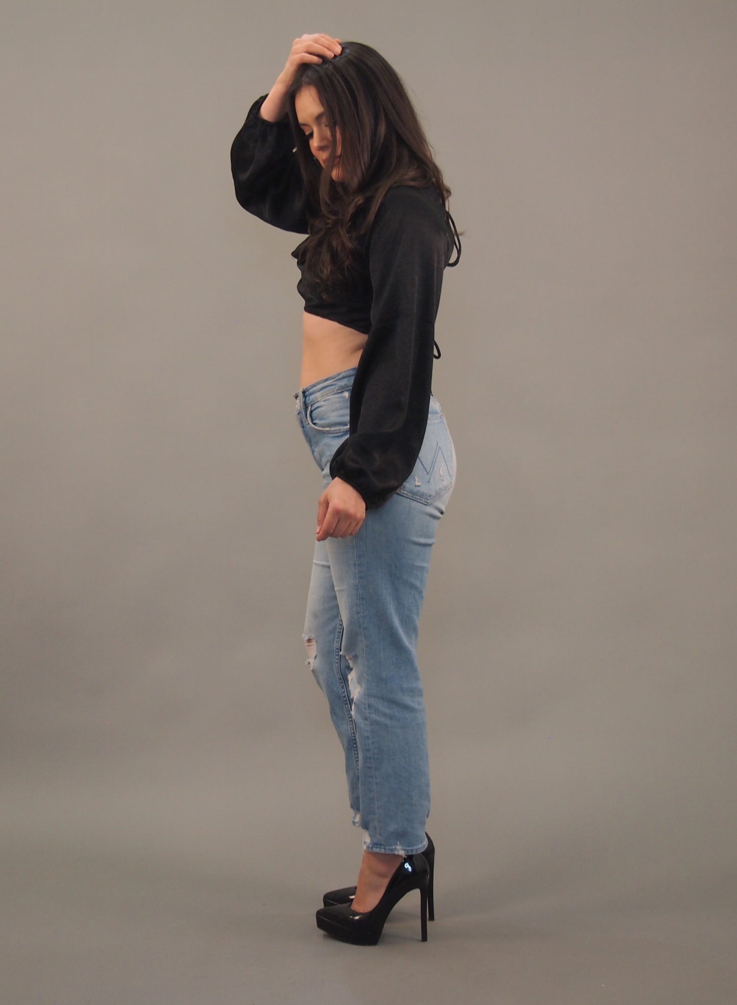 Black Silk Long-sleeve Crop Top