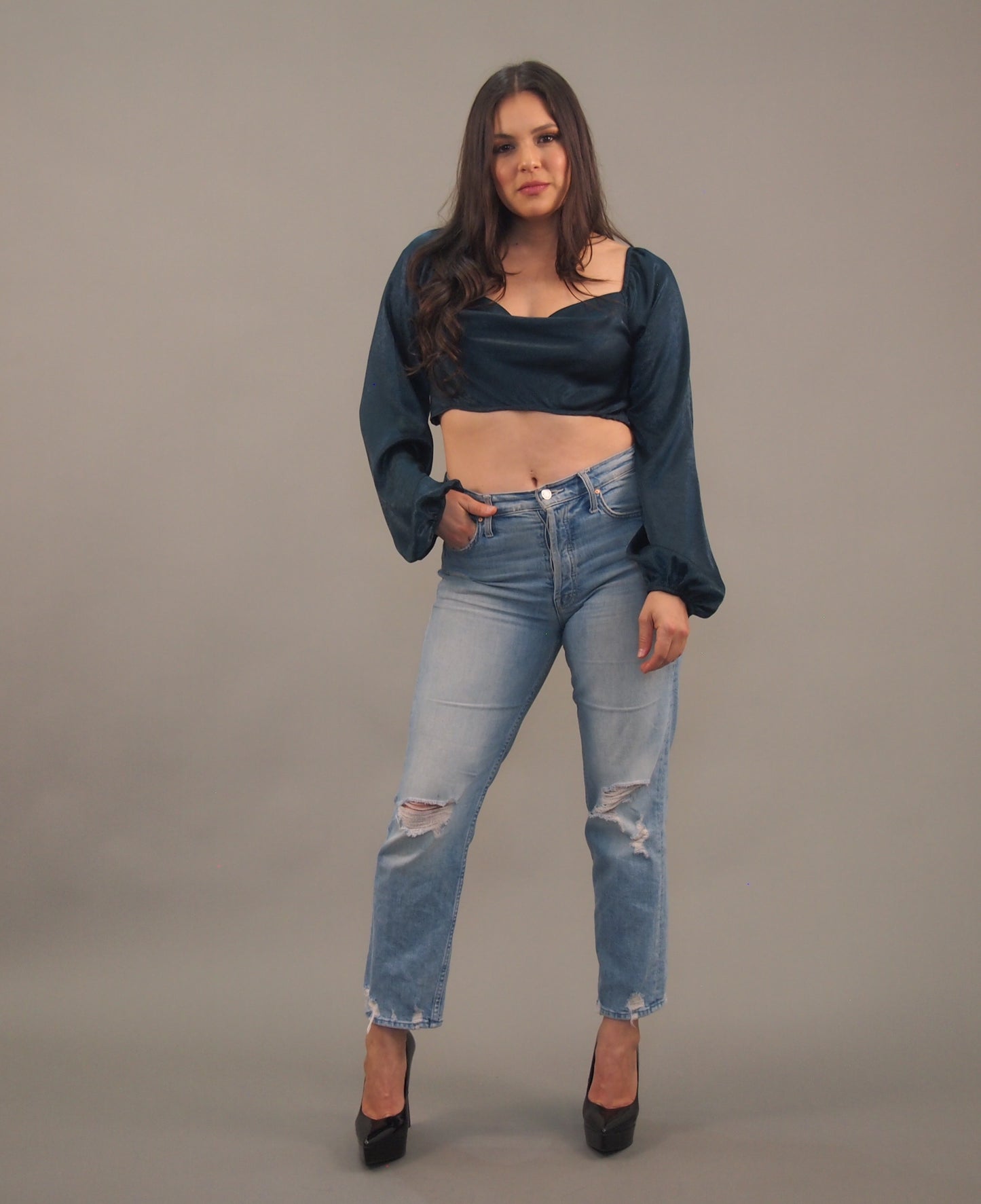 Hunter Green Silk Long-sleeve Crop Top