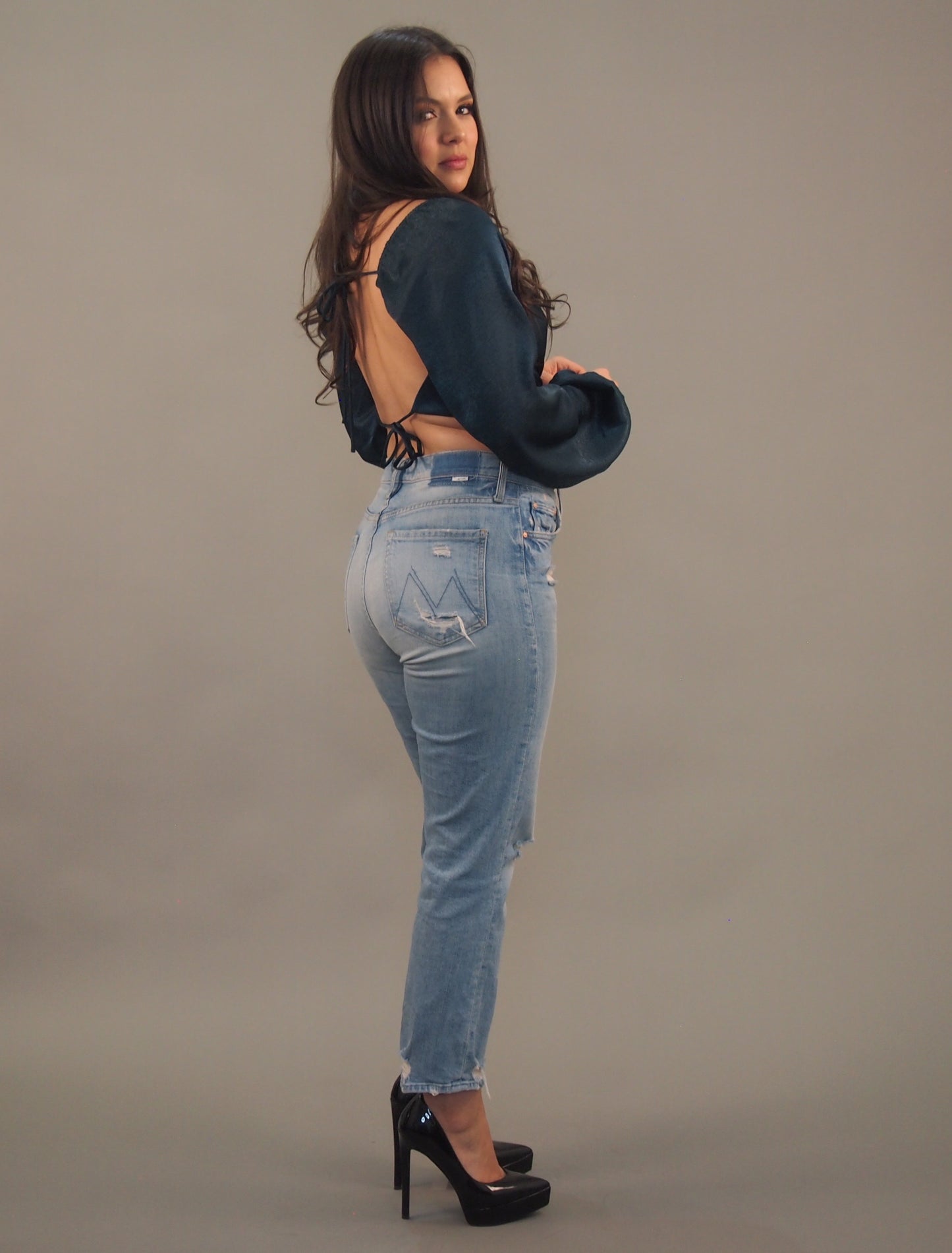 Hunter Green Silk Long-sleeve Crop Top