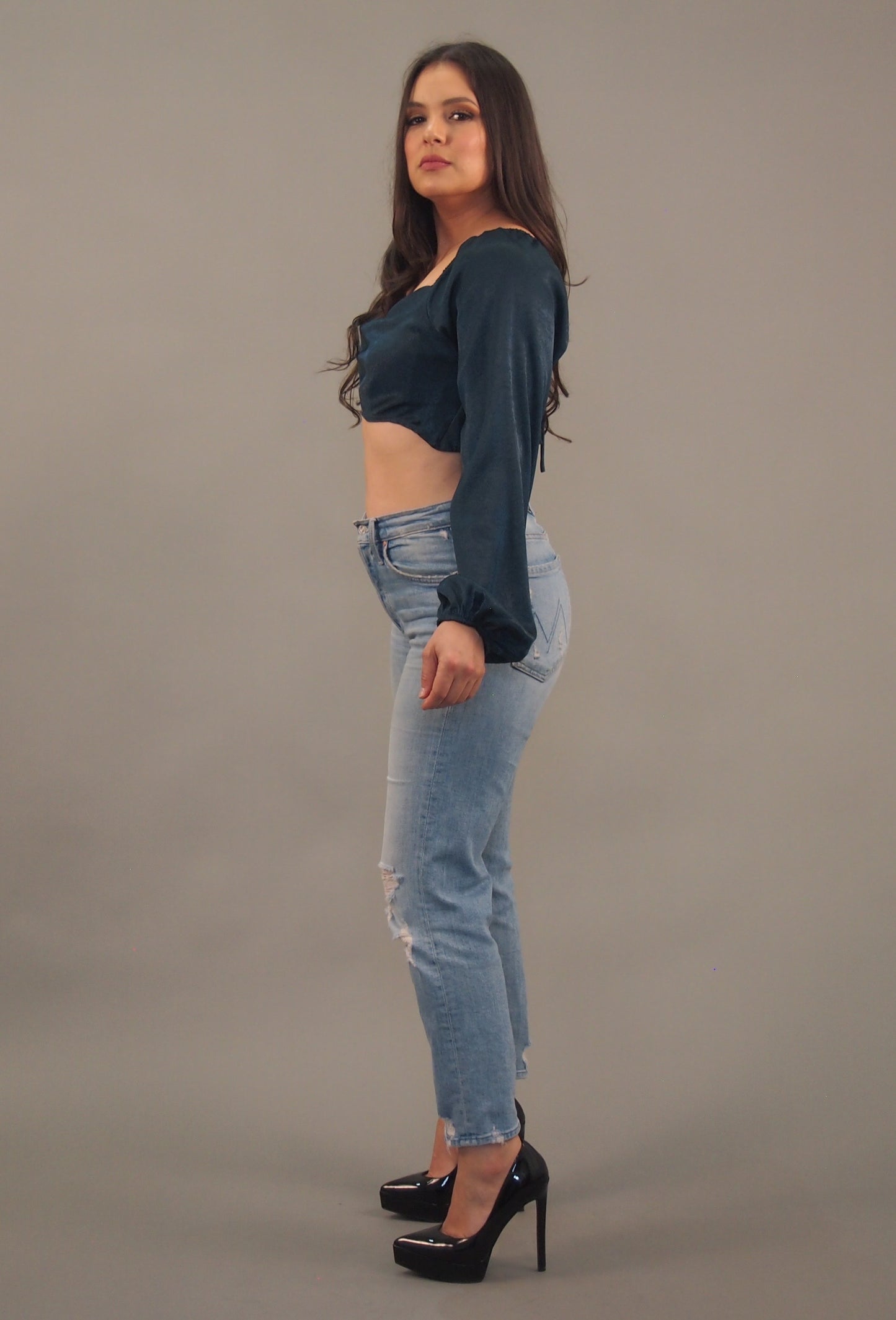 Hunter Green Silk Long-sleeve Crop Top