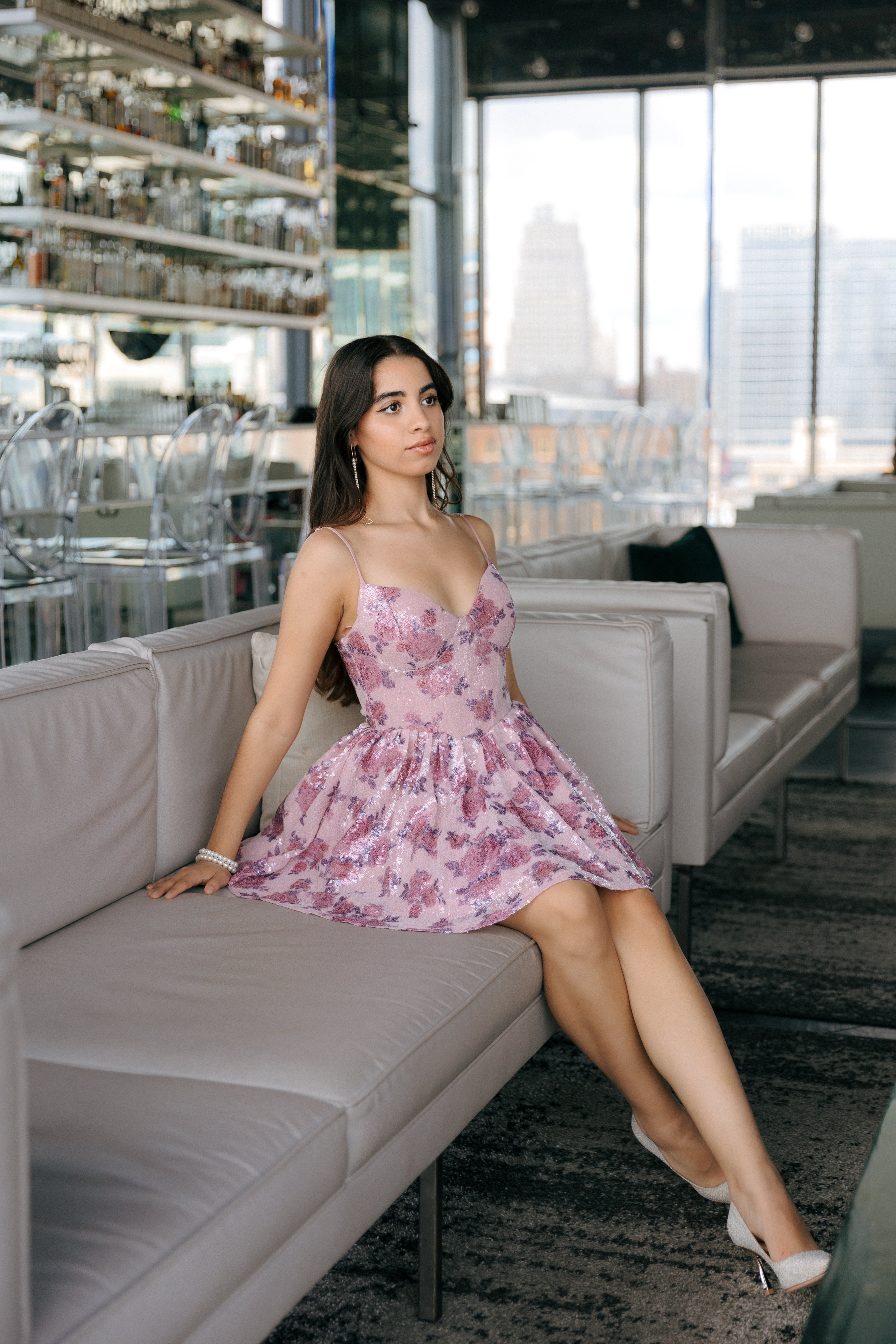 Floral Sequin Fit-and-Flare Mini Dress with Structured Bodice Mauve / Large