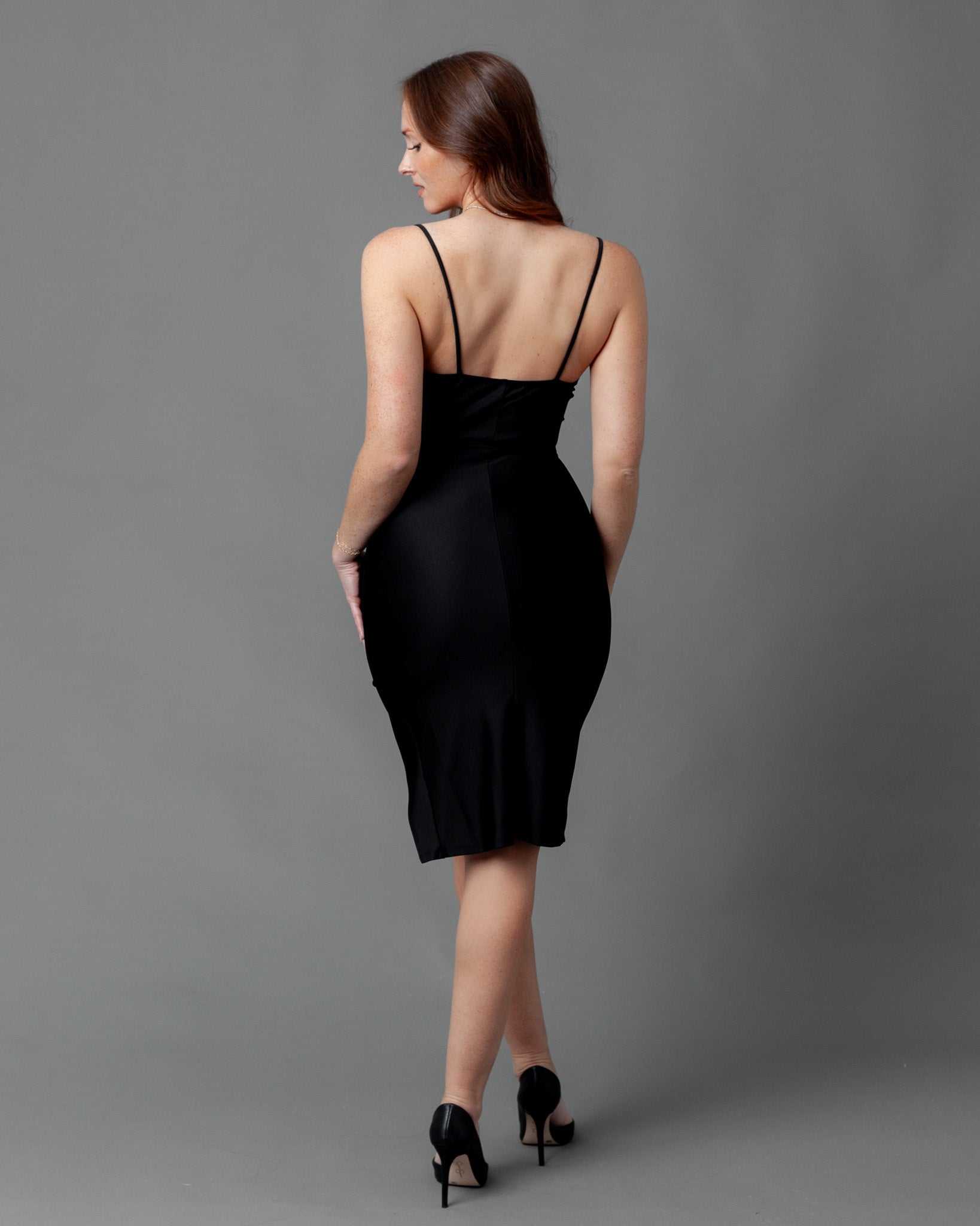 type of dresses with thigh holes QUINN Stretch to fit curves Knee length Front thigh slit Rouched thigh Cowl Neck Spaghetti strap Lined 62% poly type of dresses with thigh