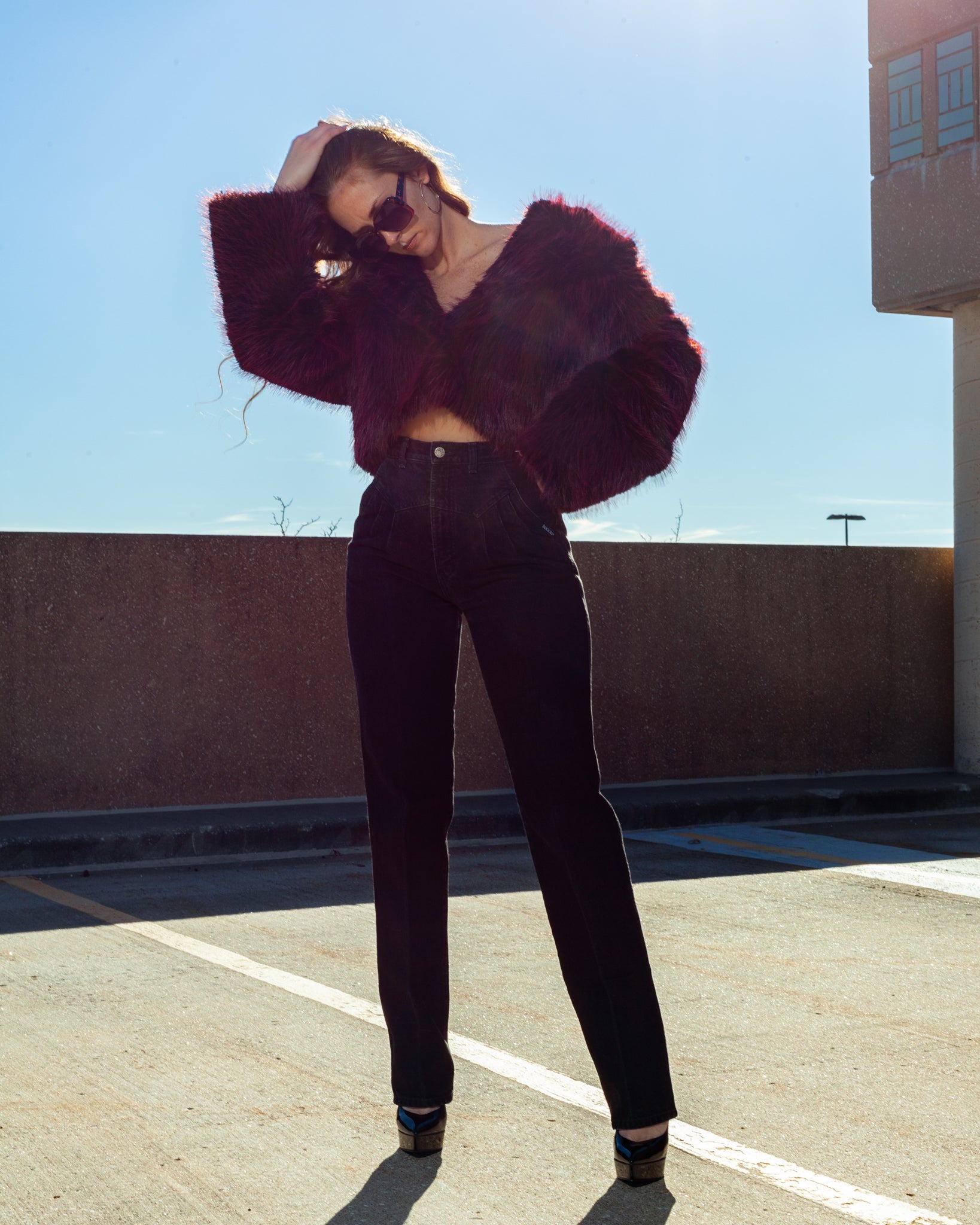 Red and Black Shaggy Faux Fur Cropped Coat + Oversized Collar