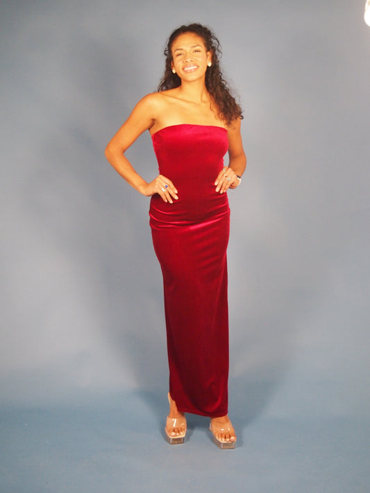 Fez Velvet Strapless Maxi Dress with Side Slit