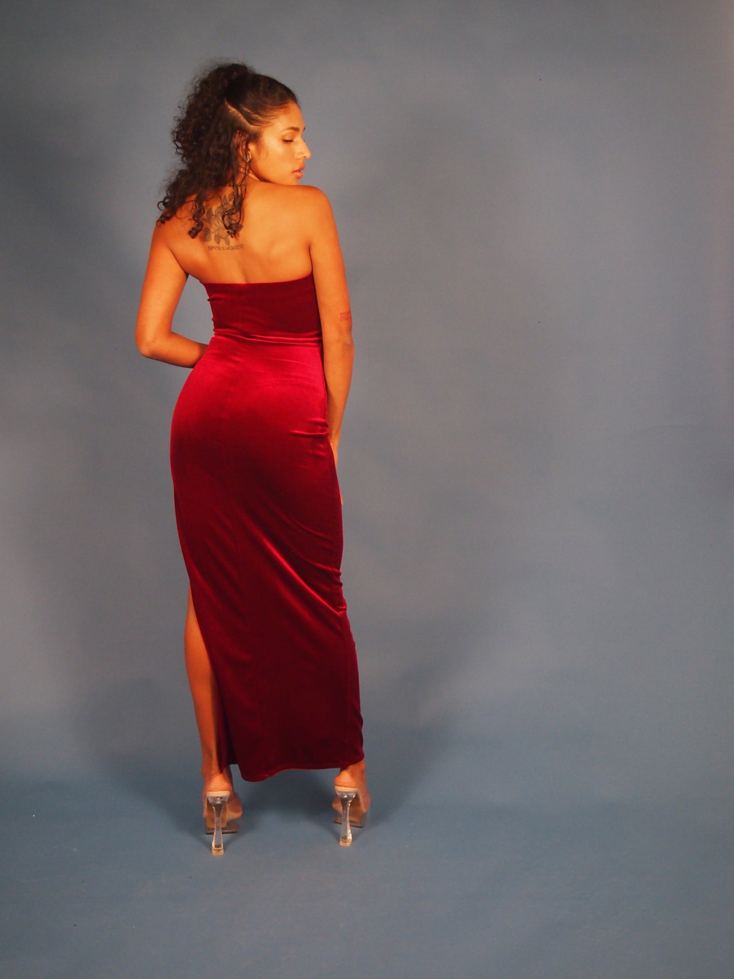 Fez Velvet Strapless Maxi Dress with Side Slit