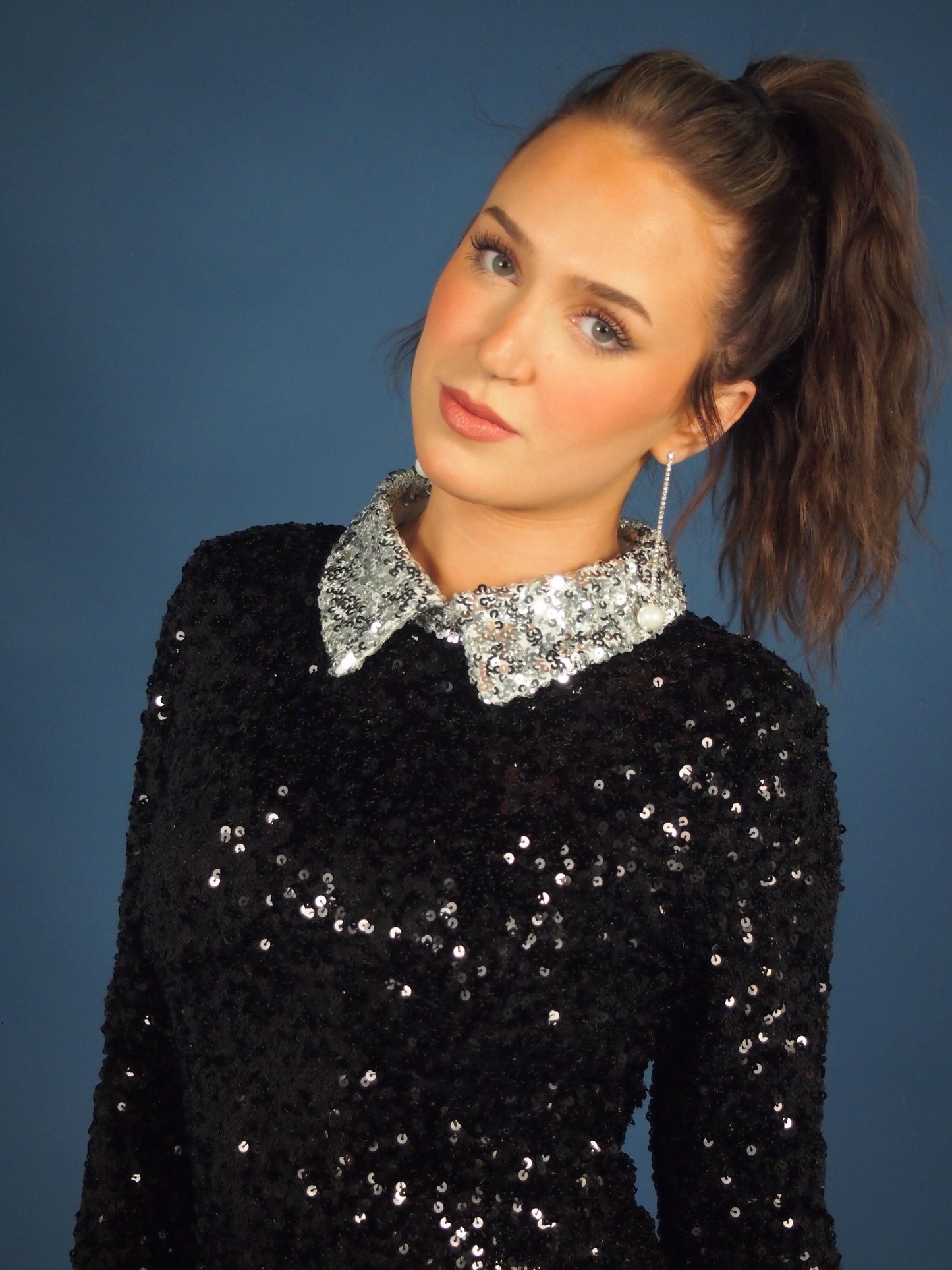 Charleroi Black Long Sleeve Sequin Romper with Silver Contrast Collar