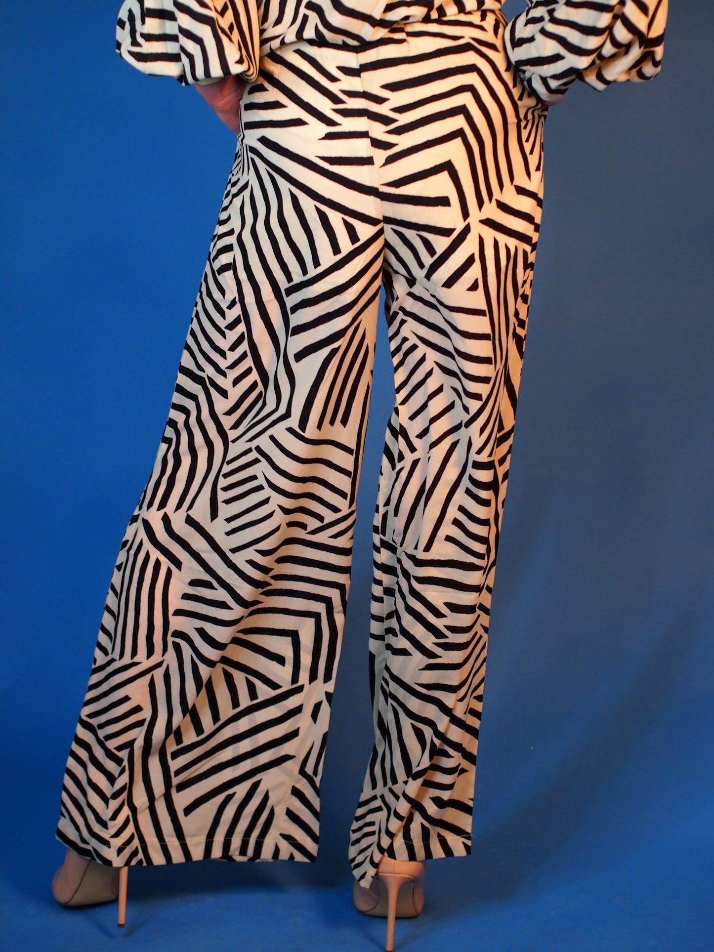 Del Mar Sheer Gauze Taupe and Black Geo Print Elastic Waist Wide Leg Pants