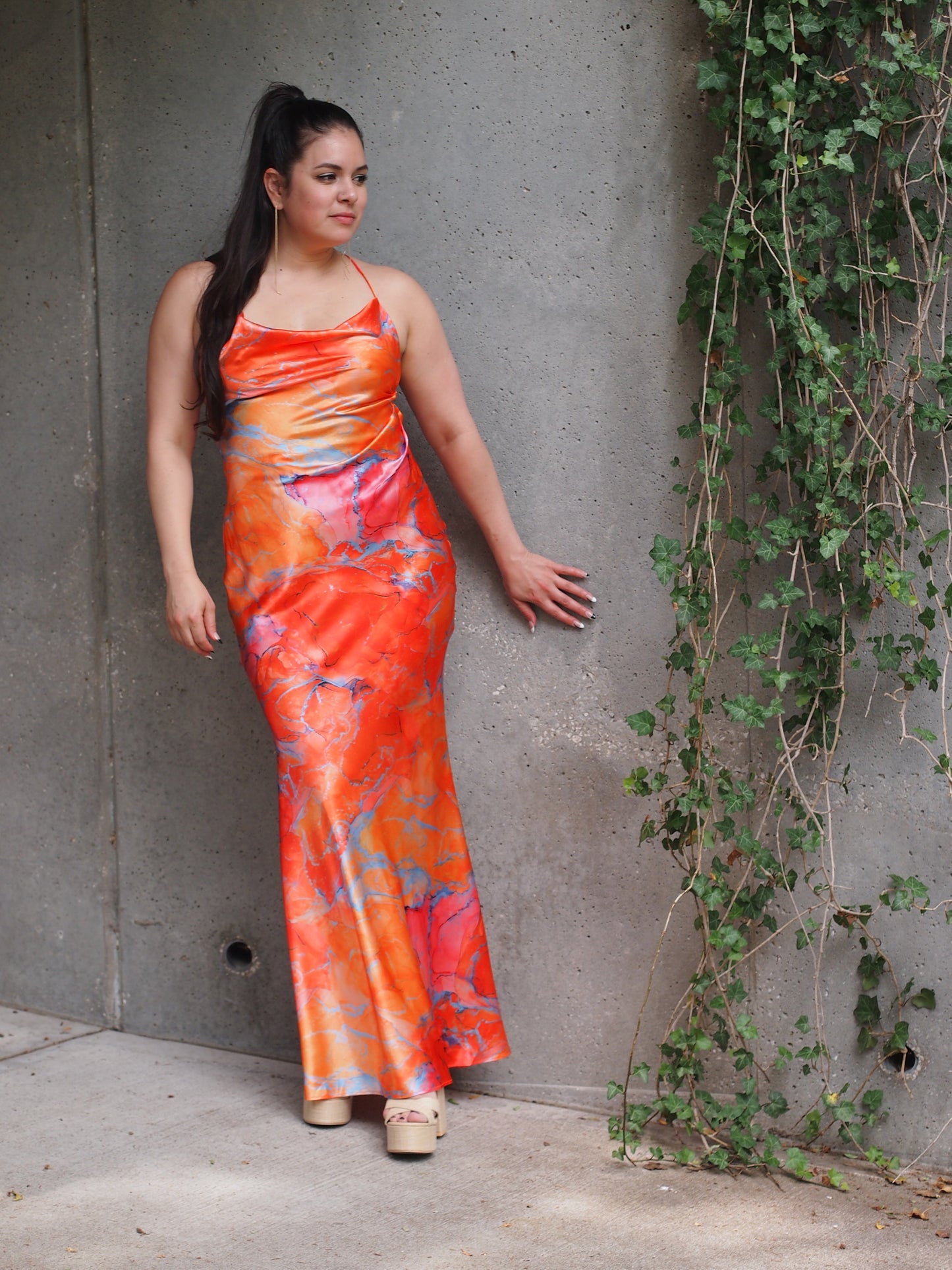Gosau Orange Marble Chain Slip Maxi Dress