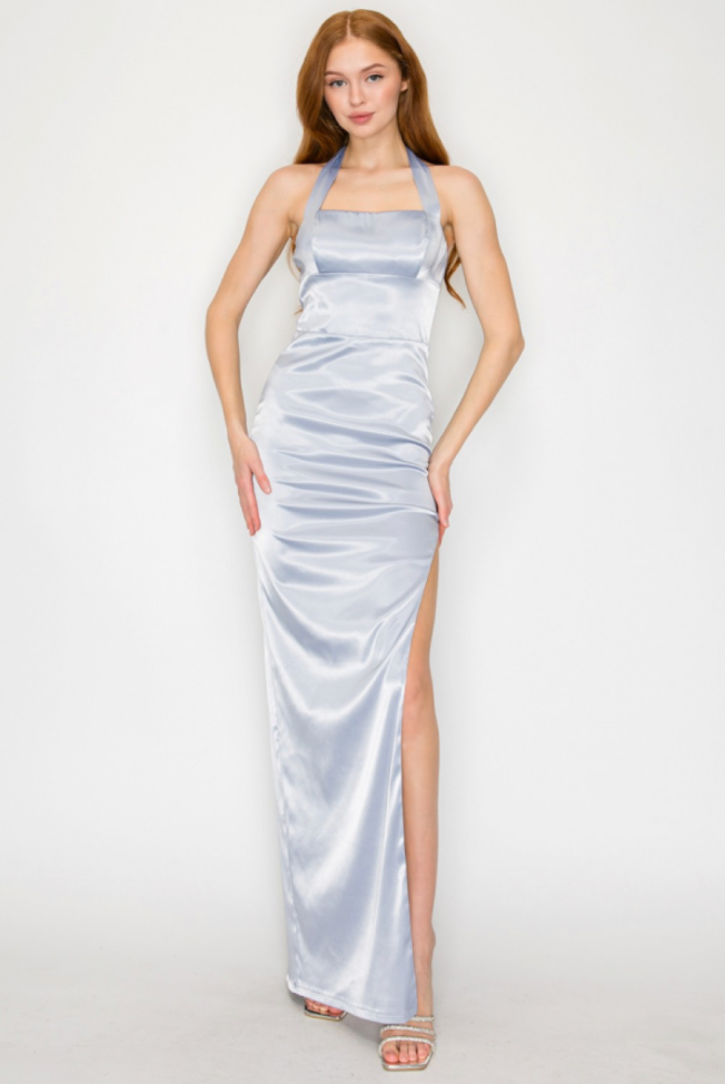 Satin Halter Neck Maxi Dress + Side Slit House of Miri Satin Halter Neck Maxi Dress + Side Slit House of Miri