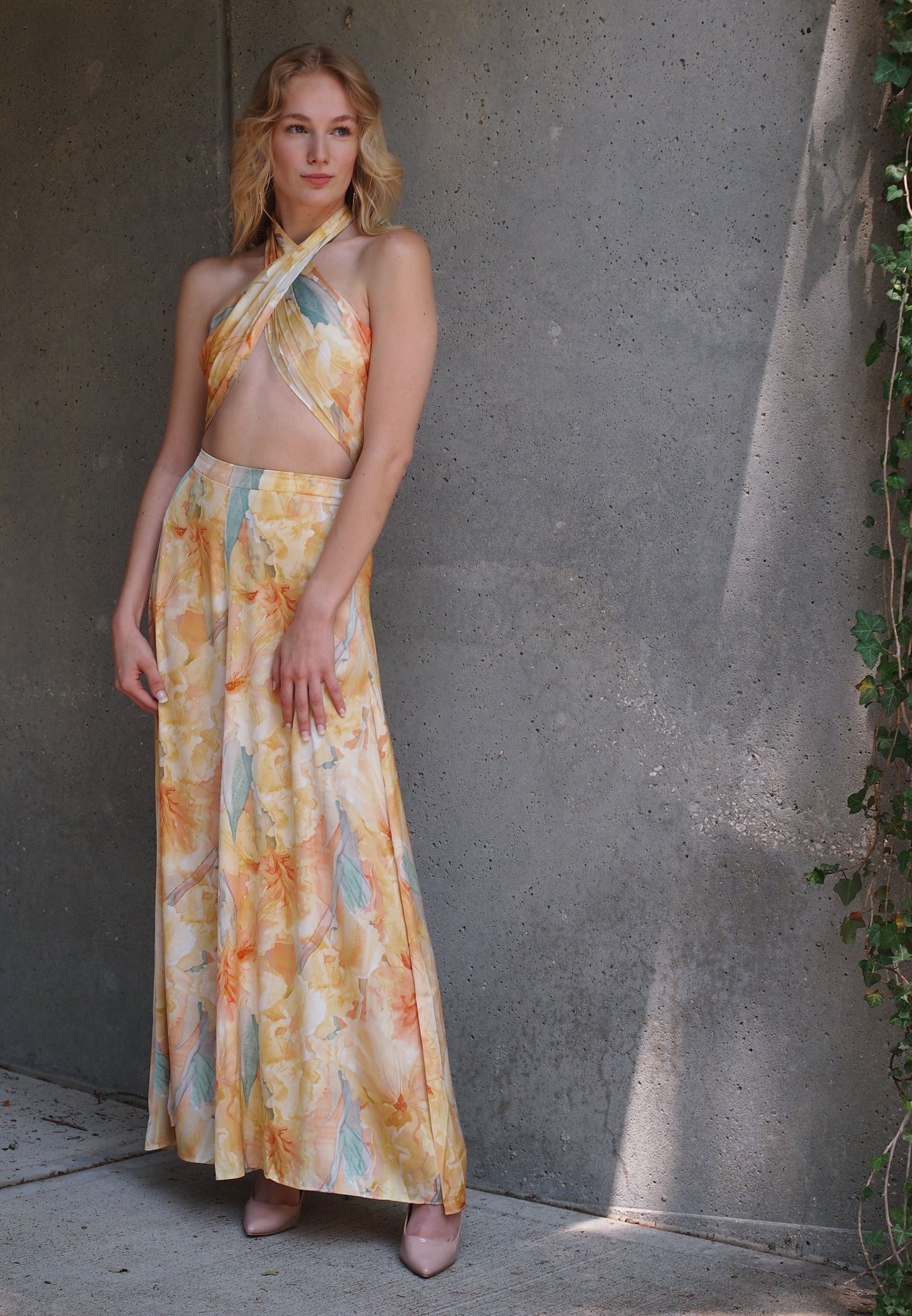 Sofia Peach and Yellow Floral Water Color Palazzo Pants