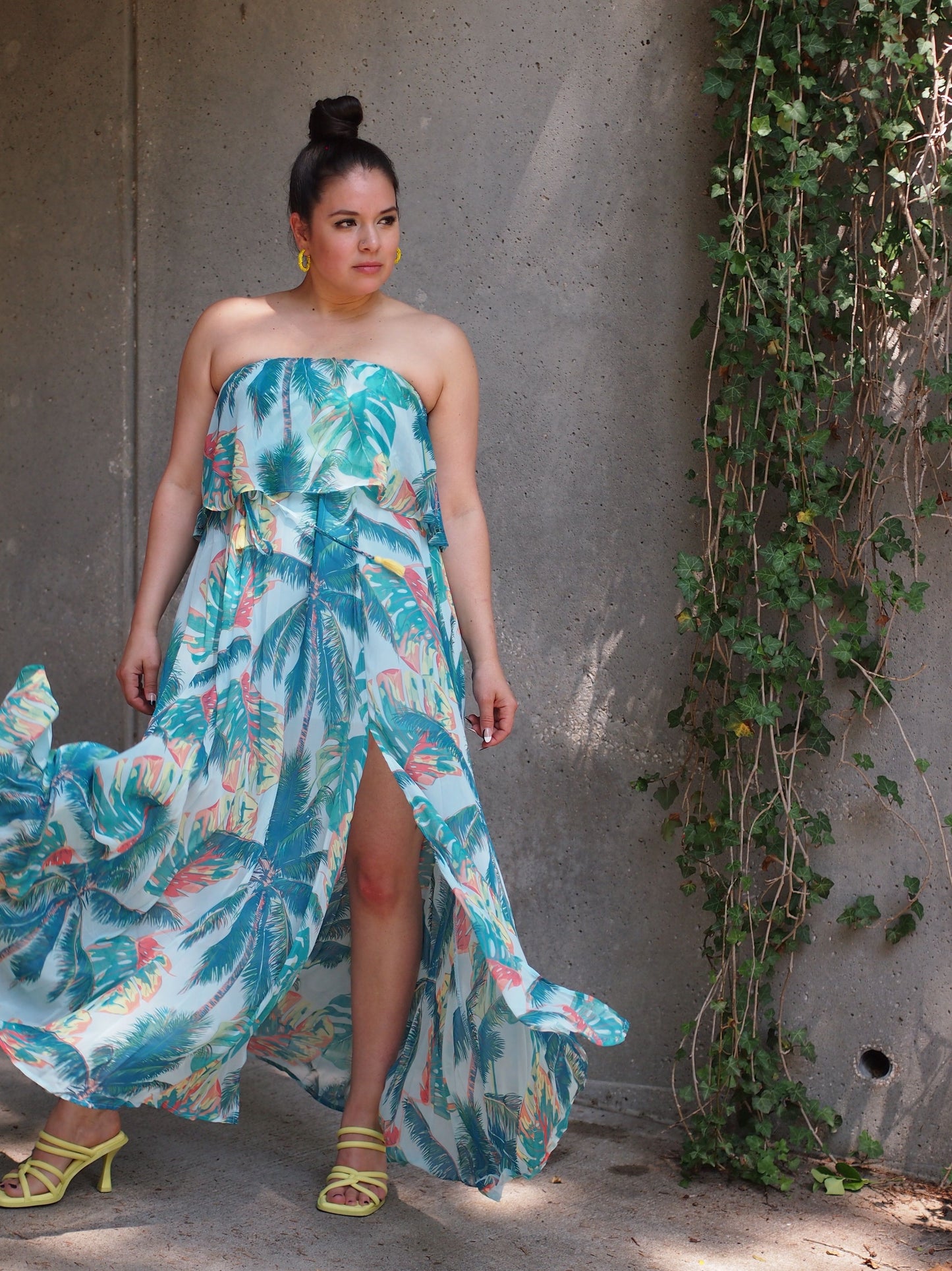 San Diego Chiffon Teal Blue Tropical Palm Leaf Strapless Maxi Dress