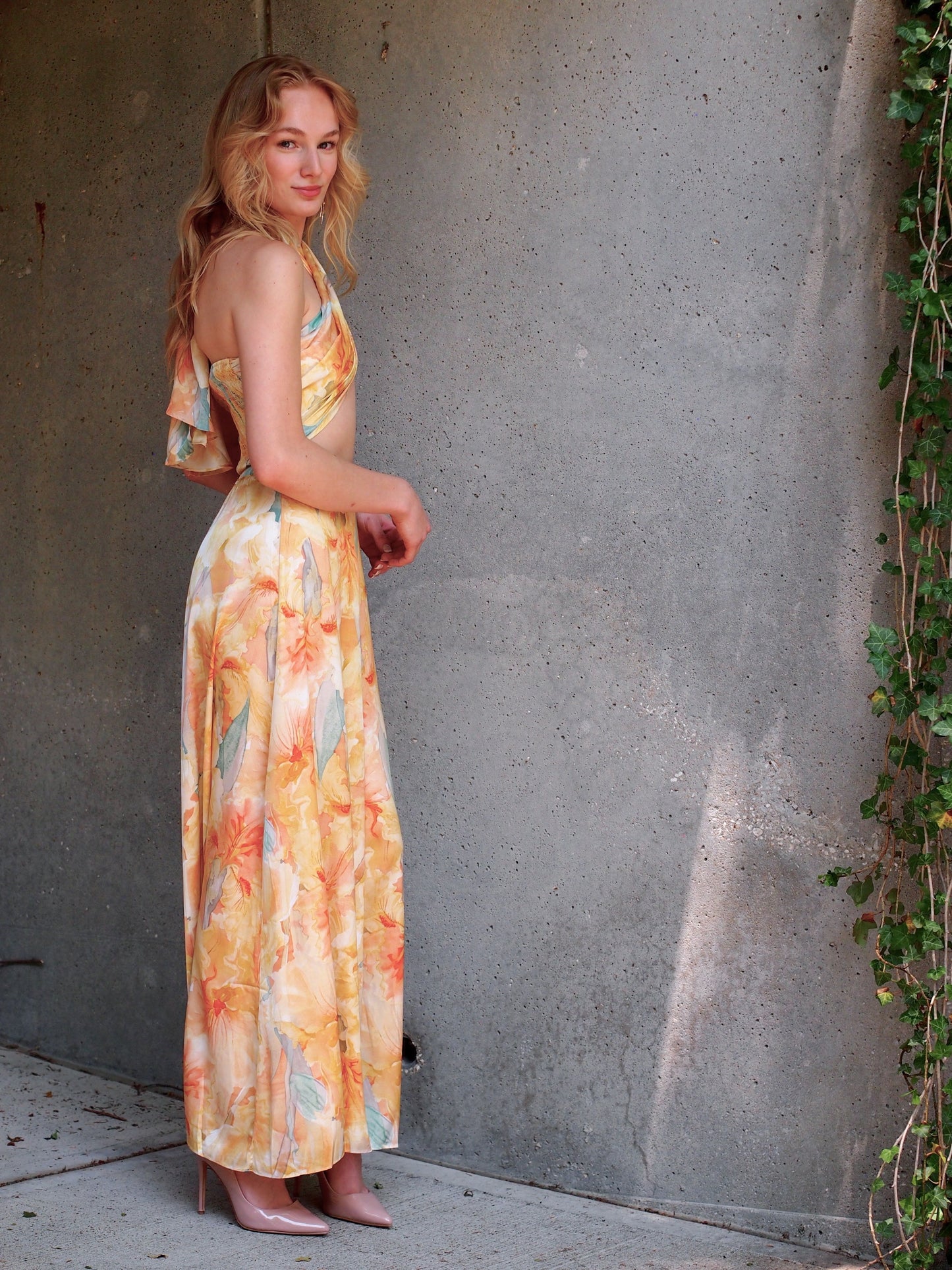 Sofia Peach and Yellow Floral Water Color Palazzo Pants