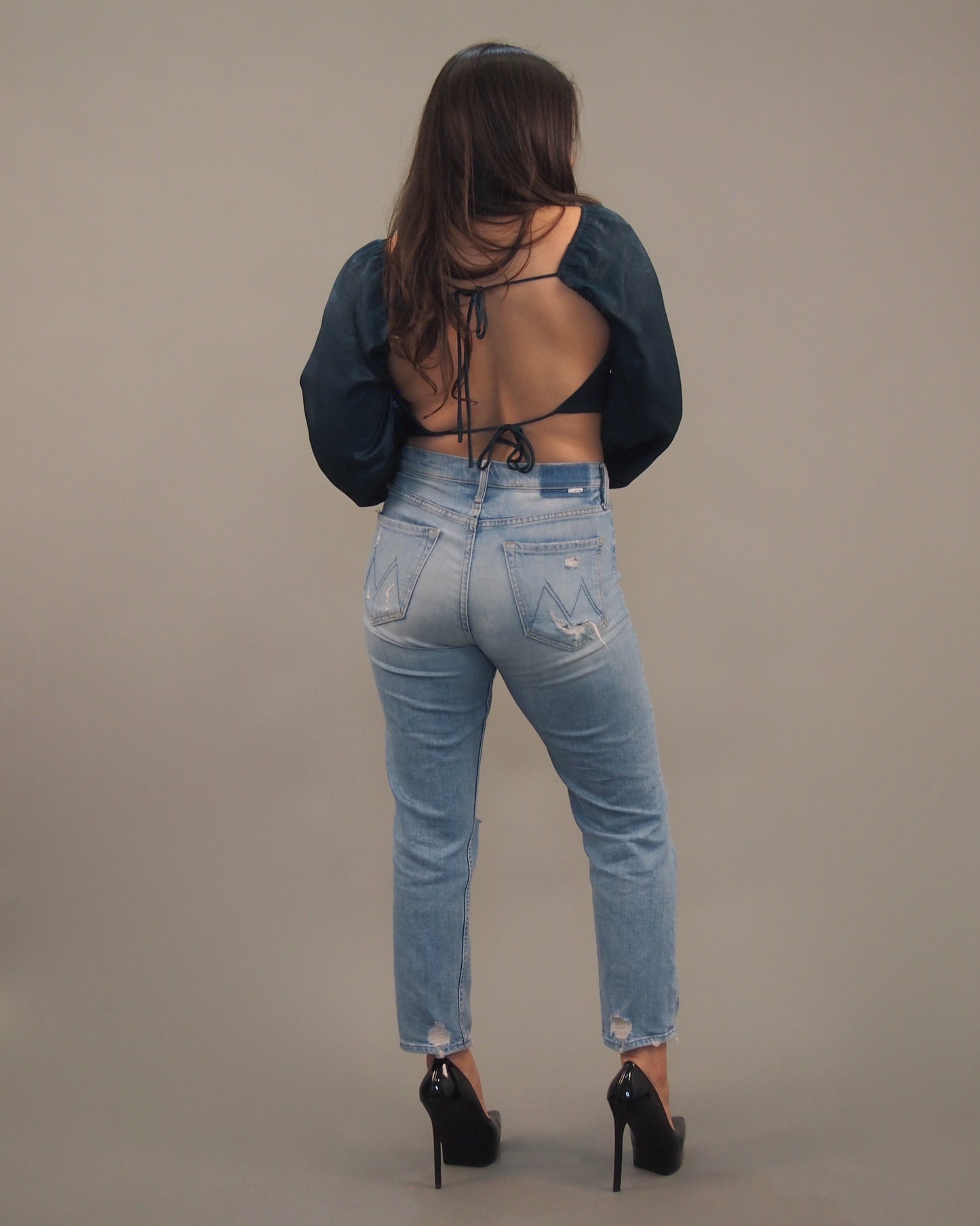 Hunter Green Silk Long-sleeve Crop Top